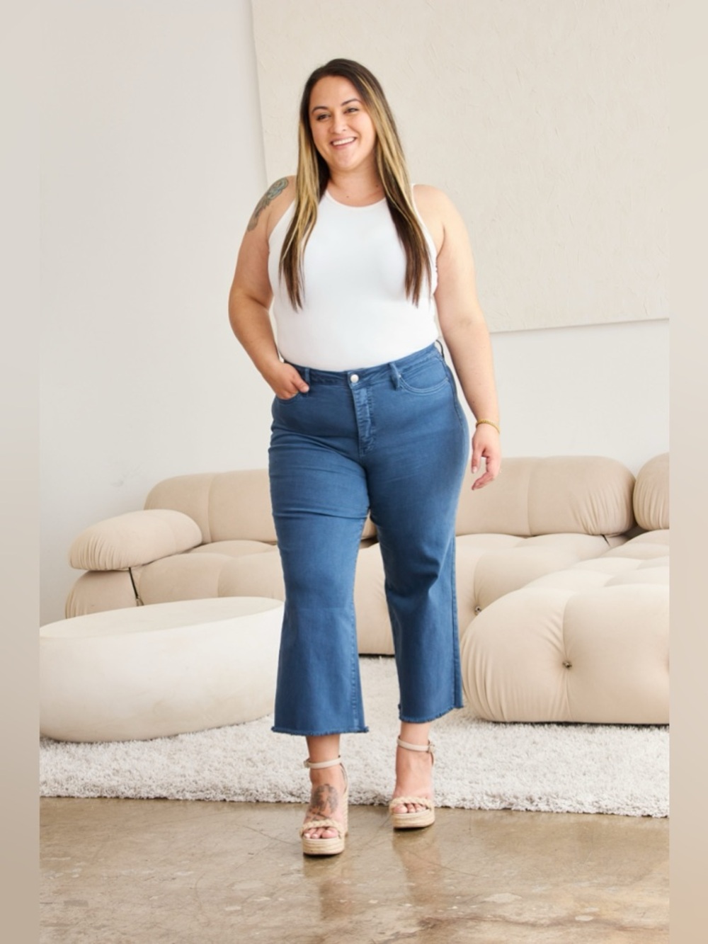 RFM Crop Chloe Full Size Tummy Control High Waist Raw Hem Jeans
